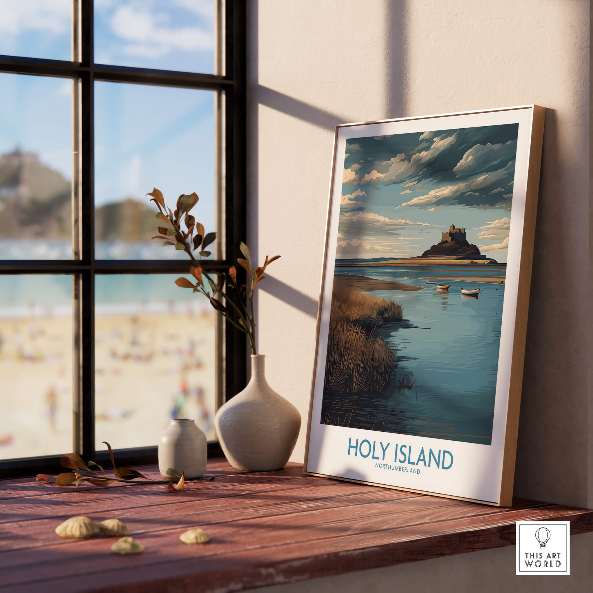 Holy Island Northumberland Poster | Historic England Coast Canvas Print on a windowsill with beach view.