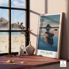 Holy Island Poster Northumberland | Lindisfarne Canvas Print displayed in a sunny room by the window.