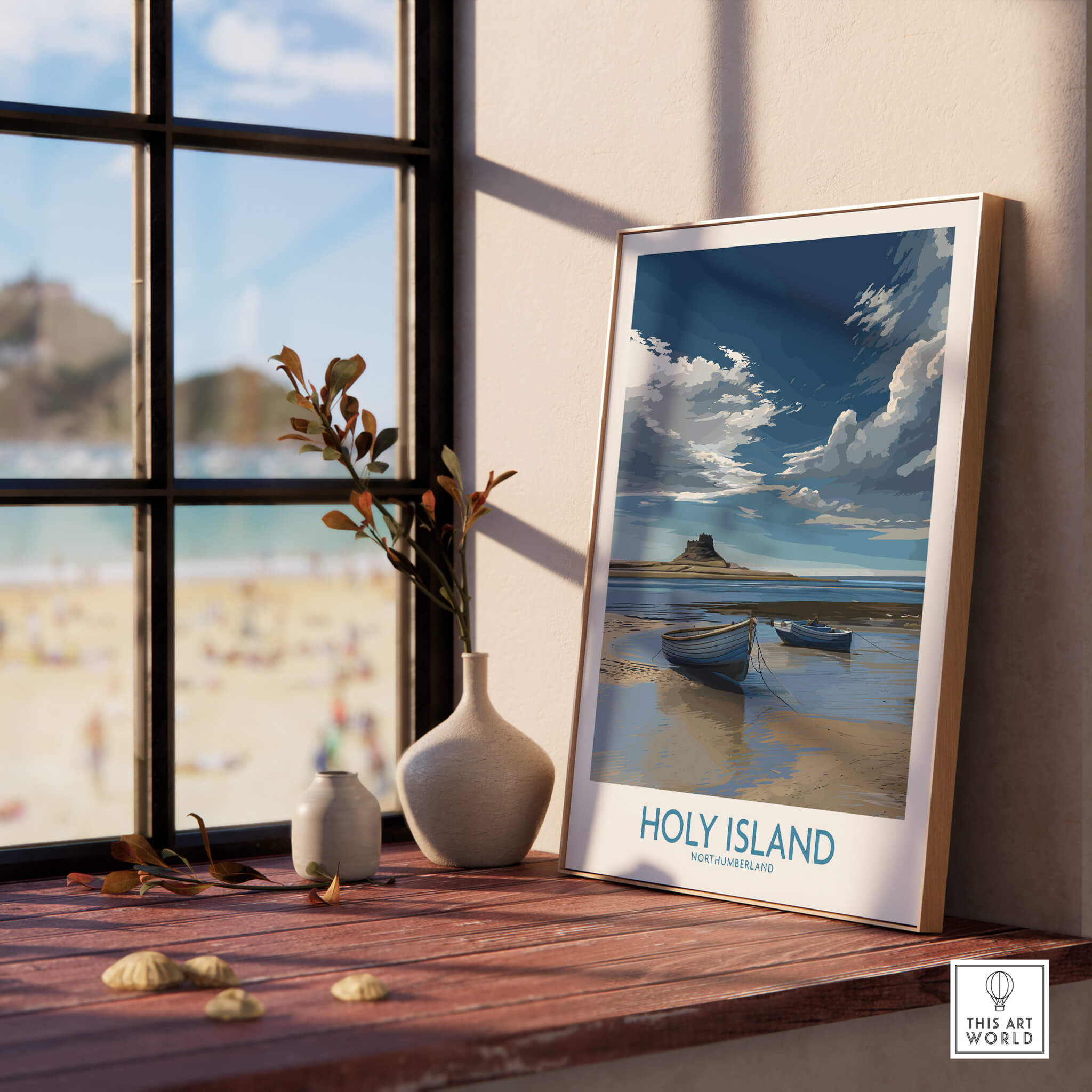 Holy Island Northumberland Poster | North Sea Coast Canvas Print displayed on a wooden table with a beach view.