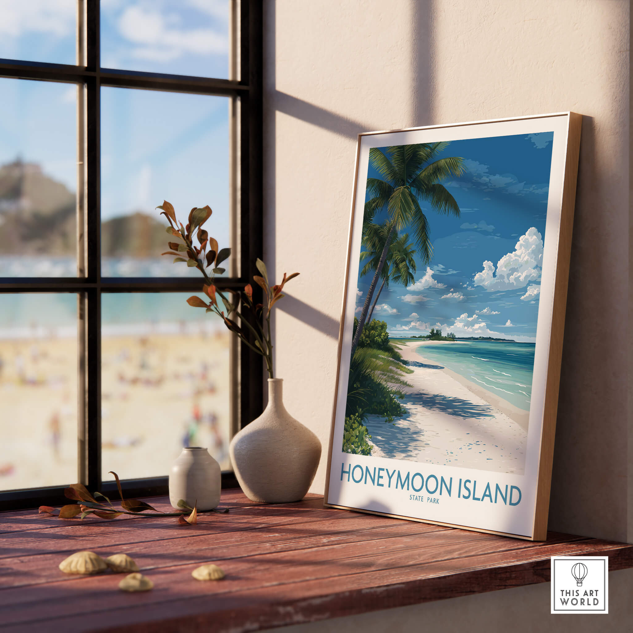 Honeymoon Island Poster | Sunny Florida Gulf Canvas Print displayed in a bright interior setting with beach view.