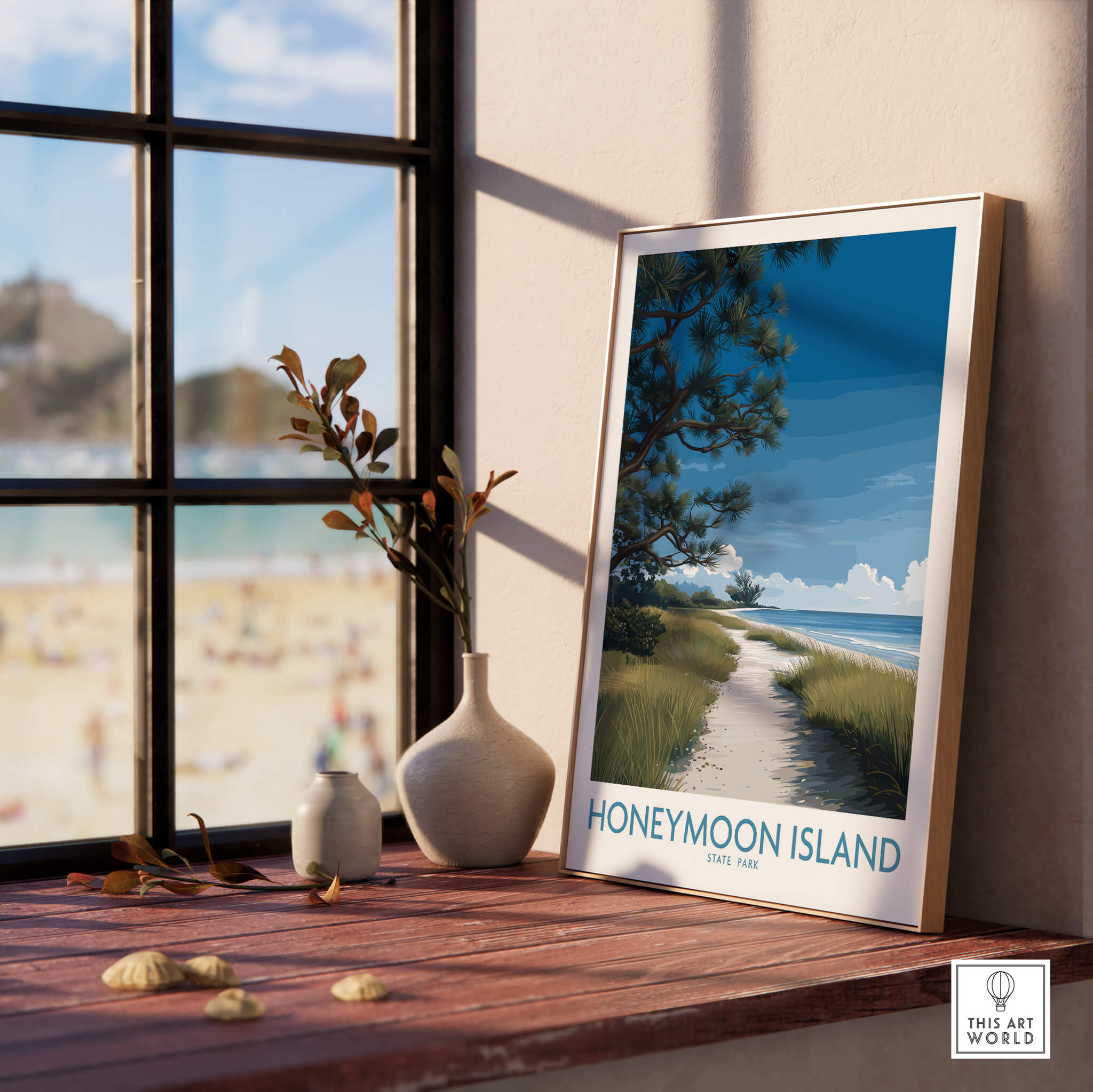 Honeymoon Island Florida Poster | Gulf Coast Landscape Canvas Print displayed in a bright room with a beach view.