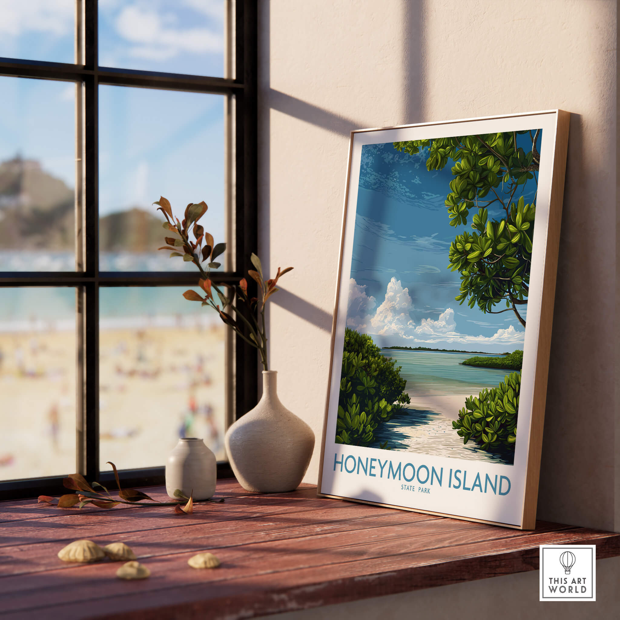 Honeymoon Island Florida Poster | Tropical Island Scene Canvas Print displayed in a bright room with beach view.