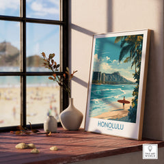 Honolulu Poster | Hawaii Surfing Canvas Print featuring a surfer on a beach with ocean waves and palm trees.