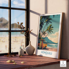 Honolulu Hawaii Poster | Vintage Aloha Style Canvas Print displayed by a window with a beach view.