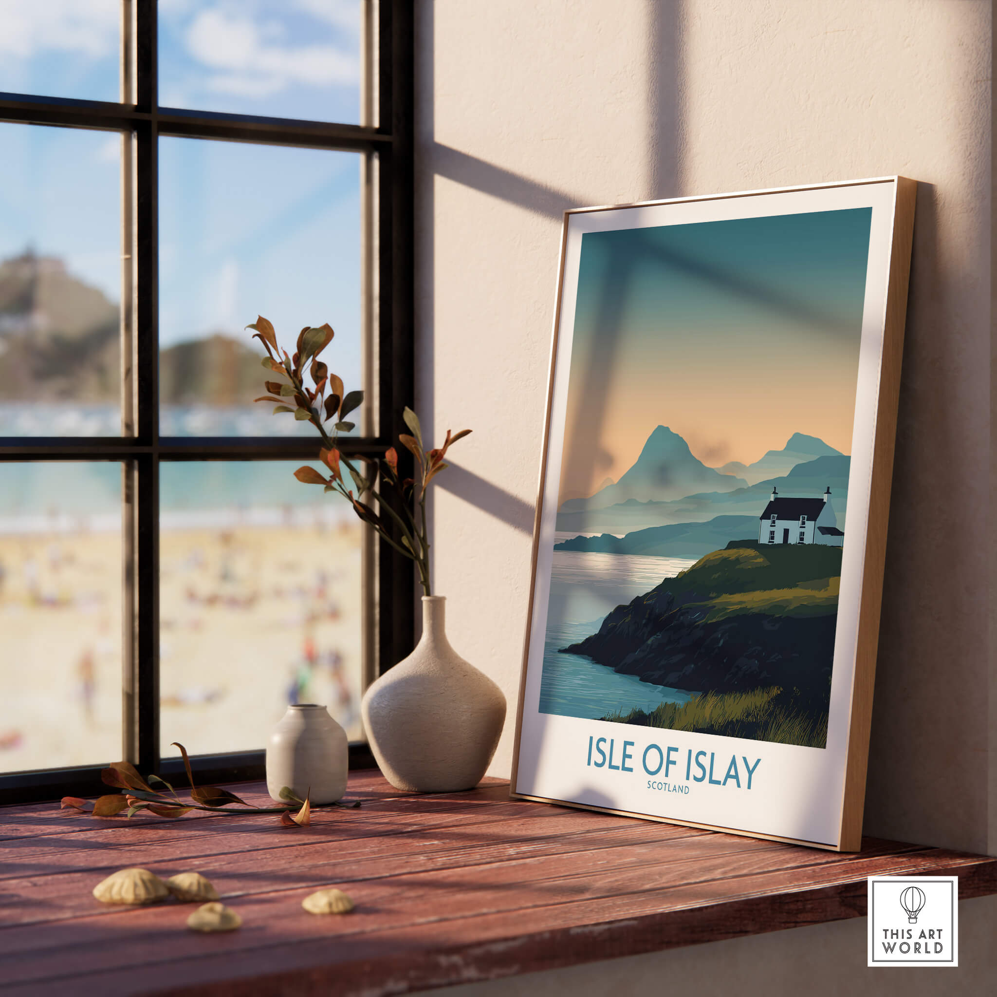 Isle of Islay Scotland Canvas & Art Print displayed in a sunlit room with coastal views.