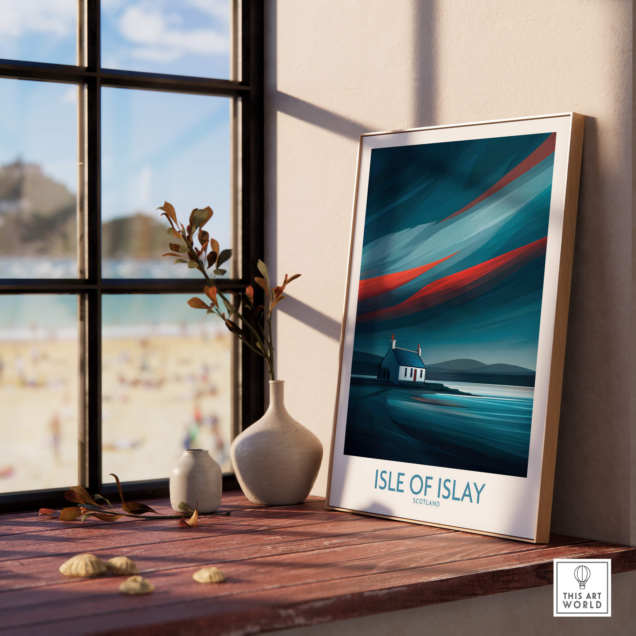 Isle of Islay Scotland Posters | Vibrant Scottish Island Scene Canvas Print displayed in a bright room with a beach view.
