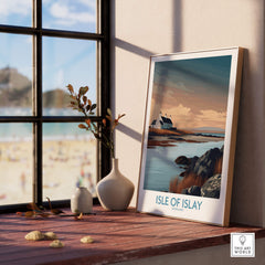 Isle of Islay Scotland Canvas Print | Hebrides Sunset Landscape Posters displayed in a cozy room with a beach view.
