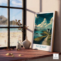 Isle of Islay Scotland Poster | Scottish Seaside Village Canvas Print displayed indoors with coastal view.