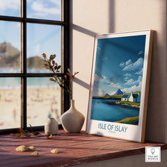 Isle of Islay Scotland Canvas Print | Scottish Hebrides Poster framed by a window with beach view.