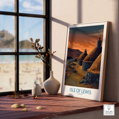 Isle of Lewis Scotland Canvas Print | Outer Hebrides Norse Mill Poster displayed on a windowsill with beach view.