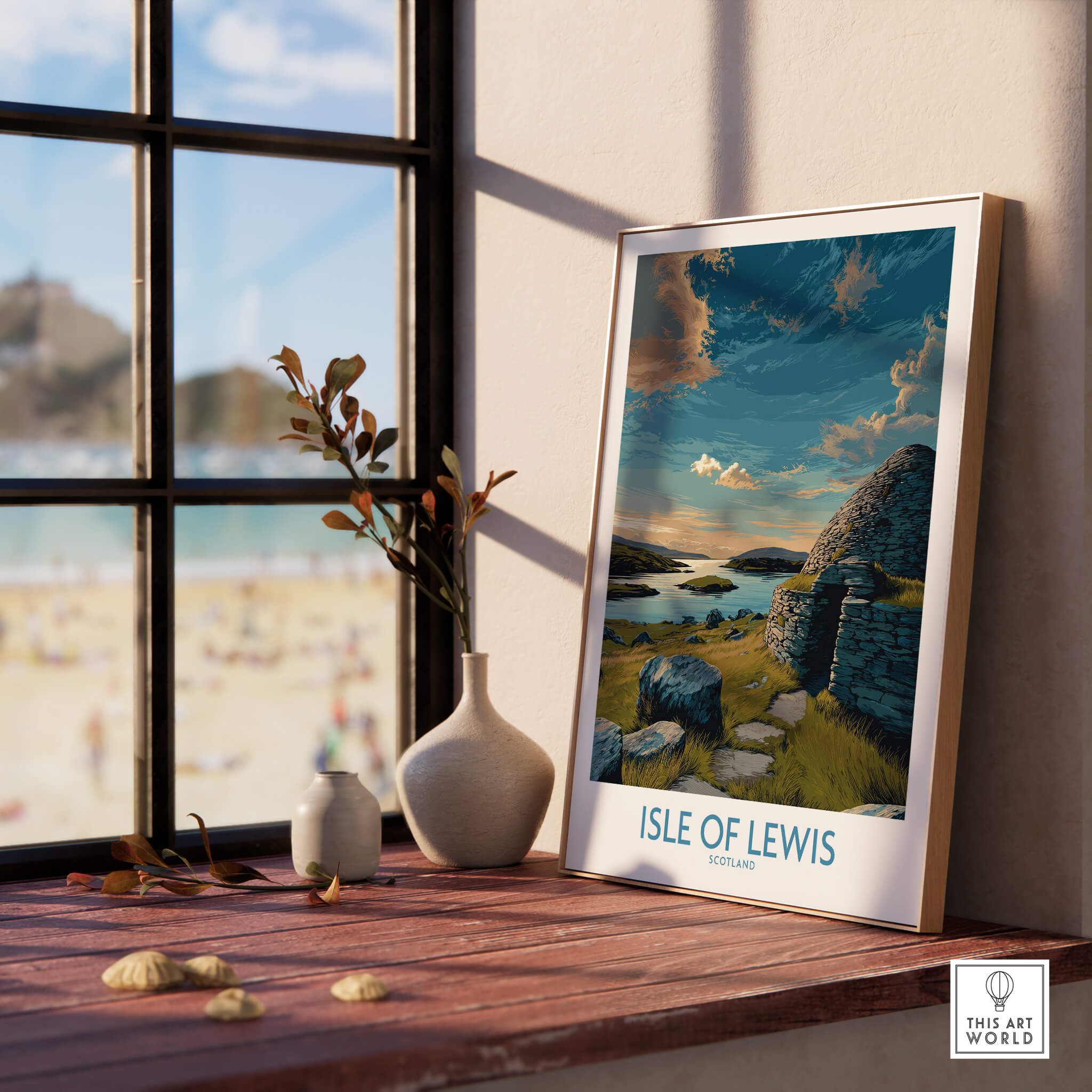 Isle of Lewis Scotland Canvas Print | Outer Hebrides Landscape Poster displayed indoors by a window.