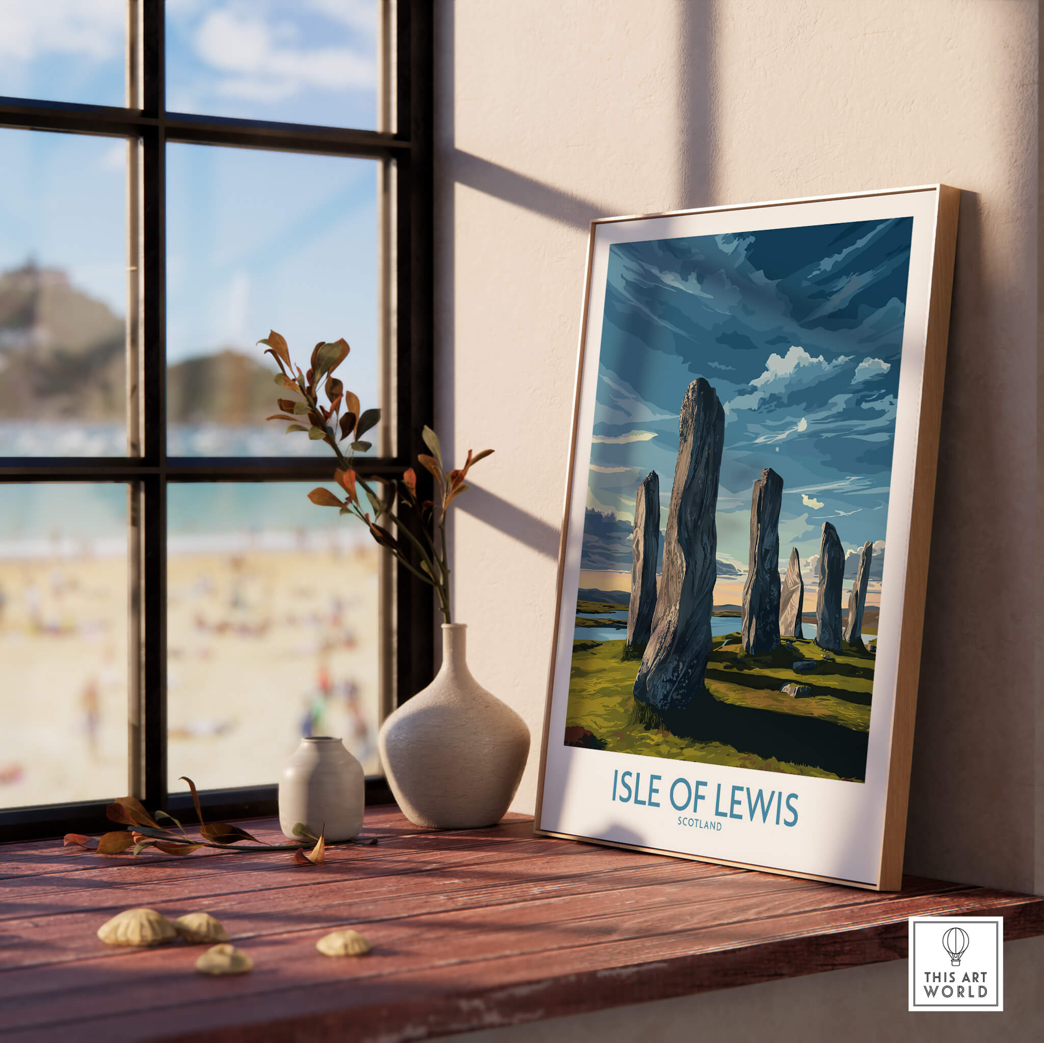 Isle of Lewis Scotland Poster | Ancient Megalithic Site Canvas Print displayed indoors with a scenic view.