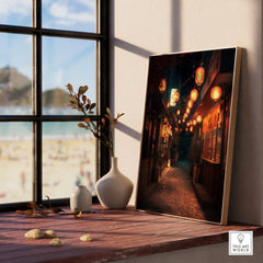 Framed print of a Japanese street at night with lanterns, on a sunlit window ledge with vases.