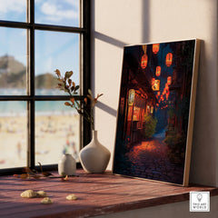 Framed Japan street art print on windowsill with vases and beach view outside window