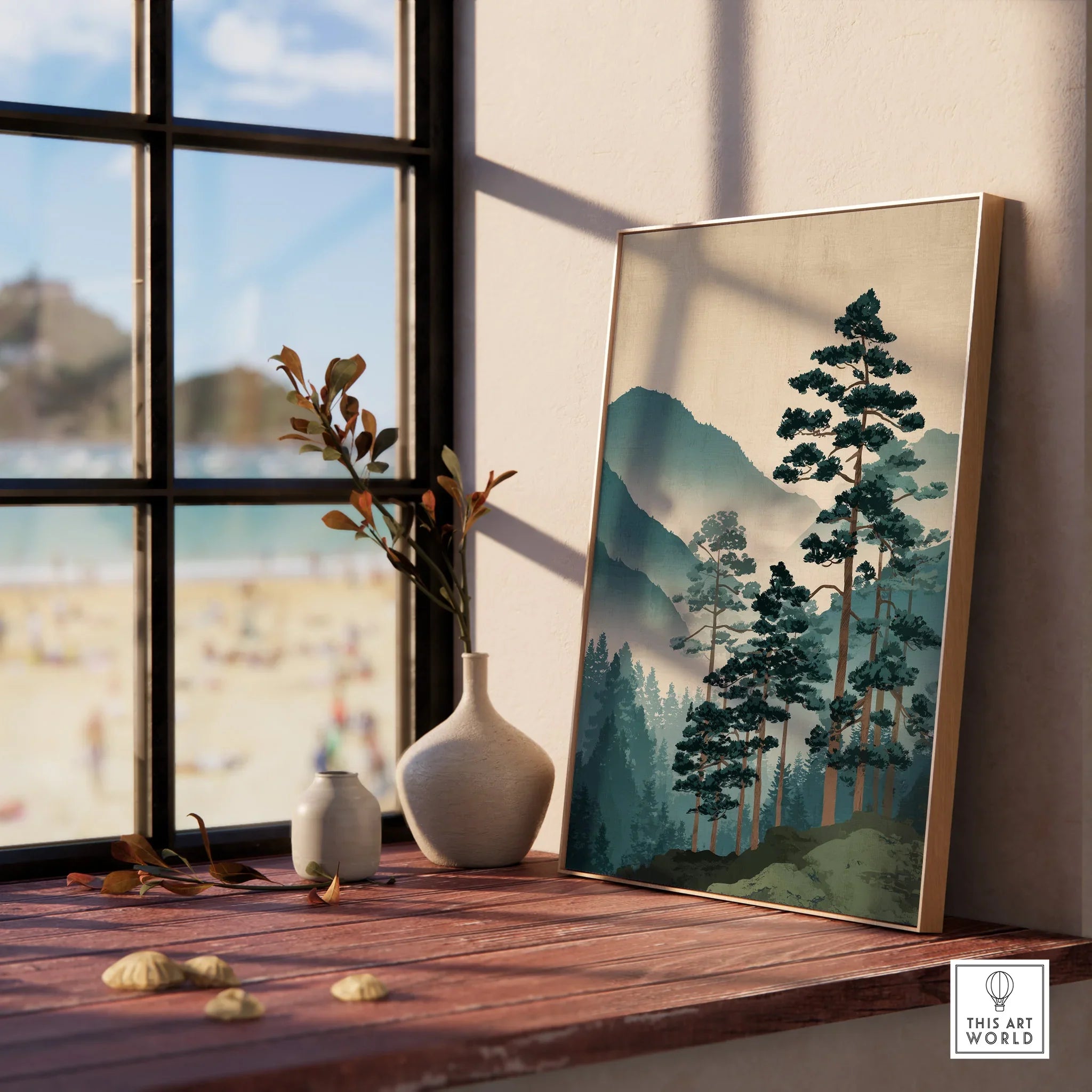 Framed Japanese woodblock print of pine trees and mountains on windowsill with vases