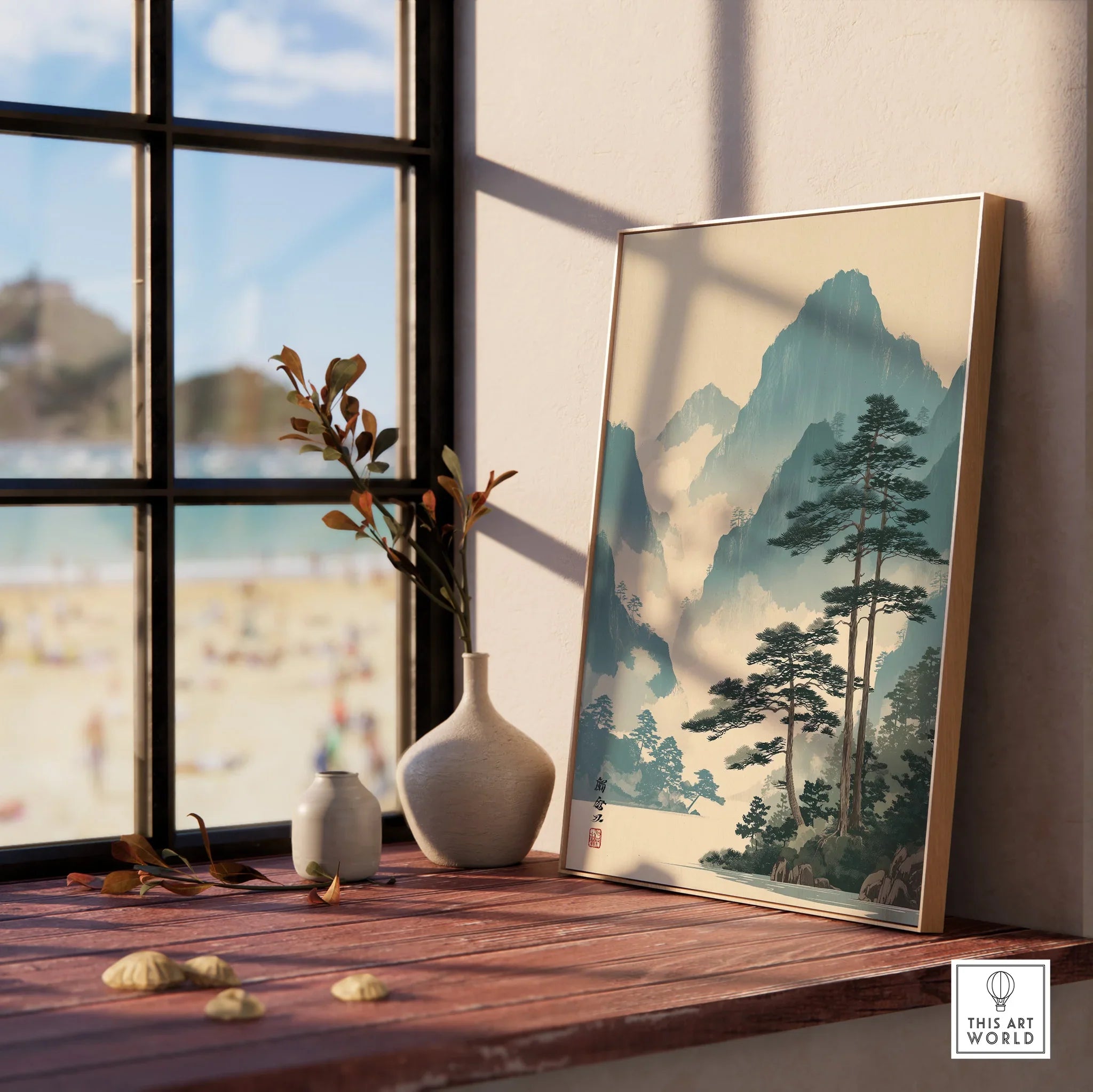 Framed Japanese woodblock print of misty mountains and pine trees on windowsill with vases