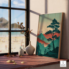 Framed Japanese woodblock print art with tree and mountains by sunlit window, home decor.