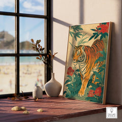Framed Japanese tiger art print with flowers on a windowsill, natural wood frame, sunlight