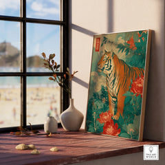 Framed Japanese tiger art print with floral design on windowsill, natural wood frame.