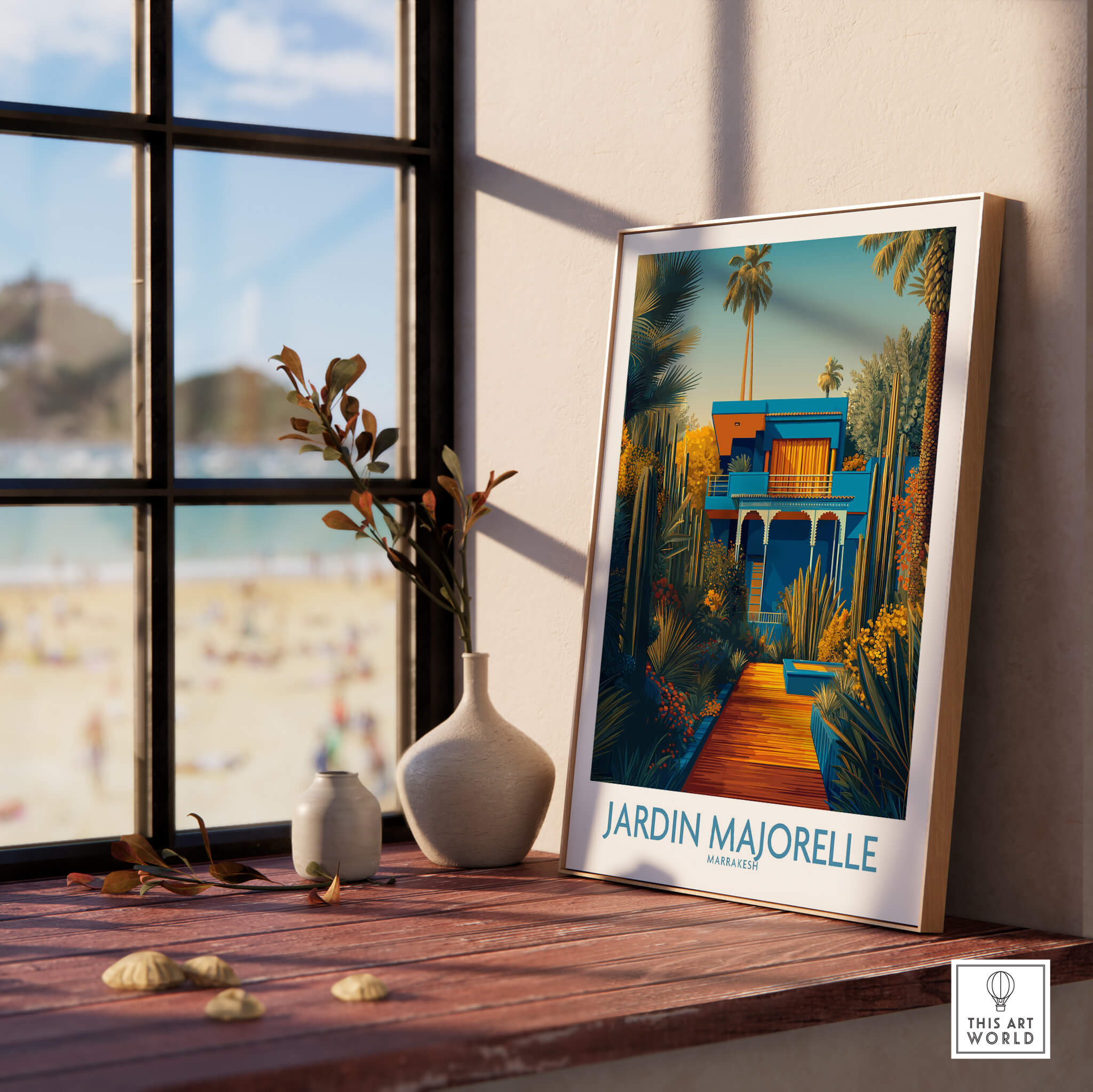 Jardim Majorelle Marrakesh Posters | Vibrant Architecture & Palms Canvas Print displayed on a windowsill with beach view.