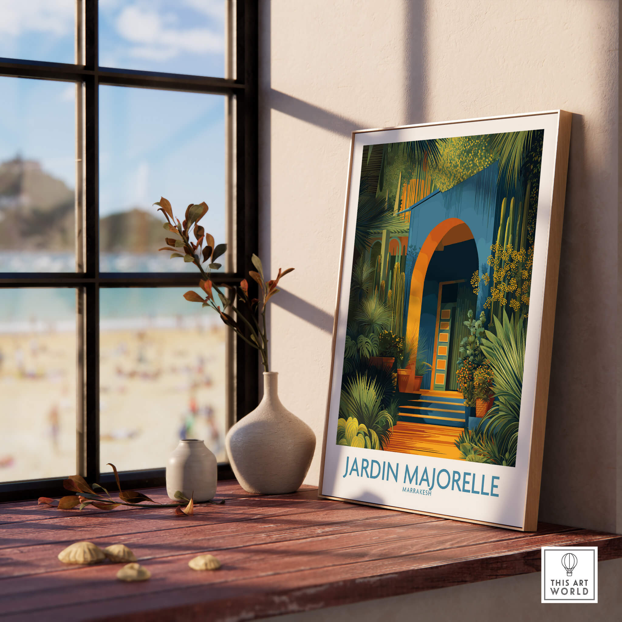 Jardim Majorelle Marrakesh Posters | Canvas Print displayed on a windowsill with beach view in background.