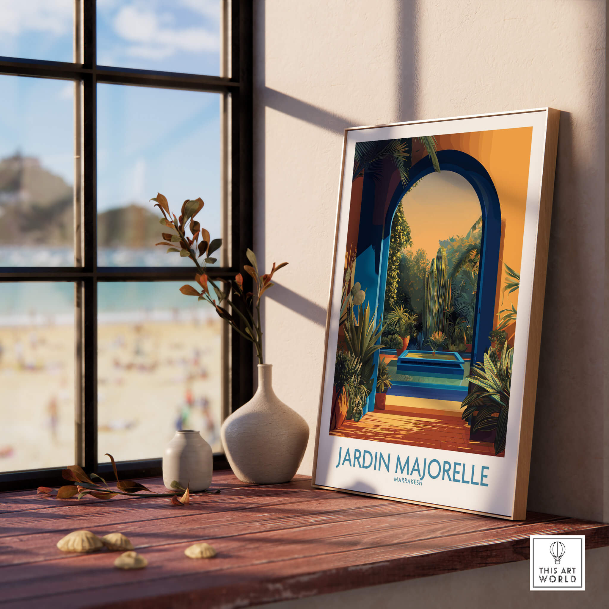 Jardim Majorelle Marrakesh Canvas Print | Exotic Plant & Architecture Posters displayed in a bright room by a window.