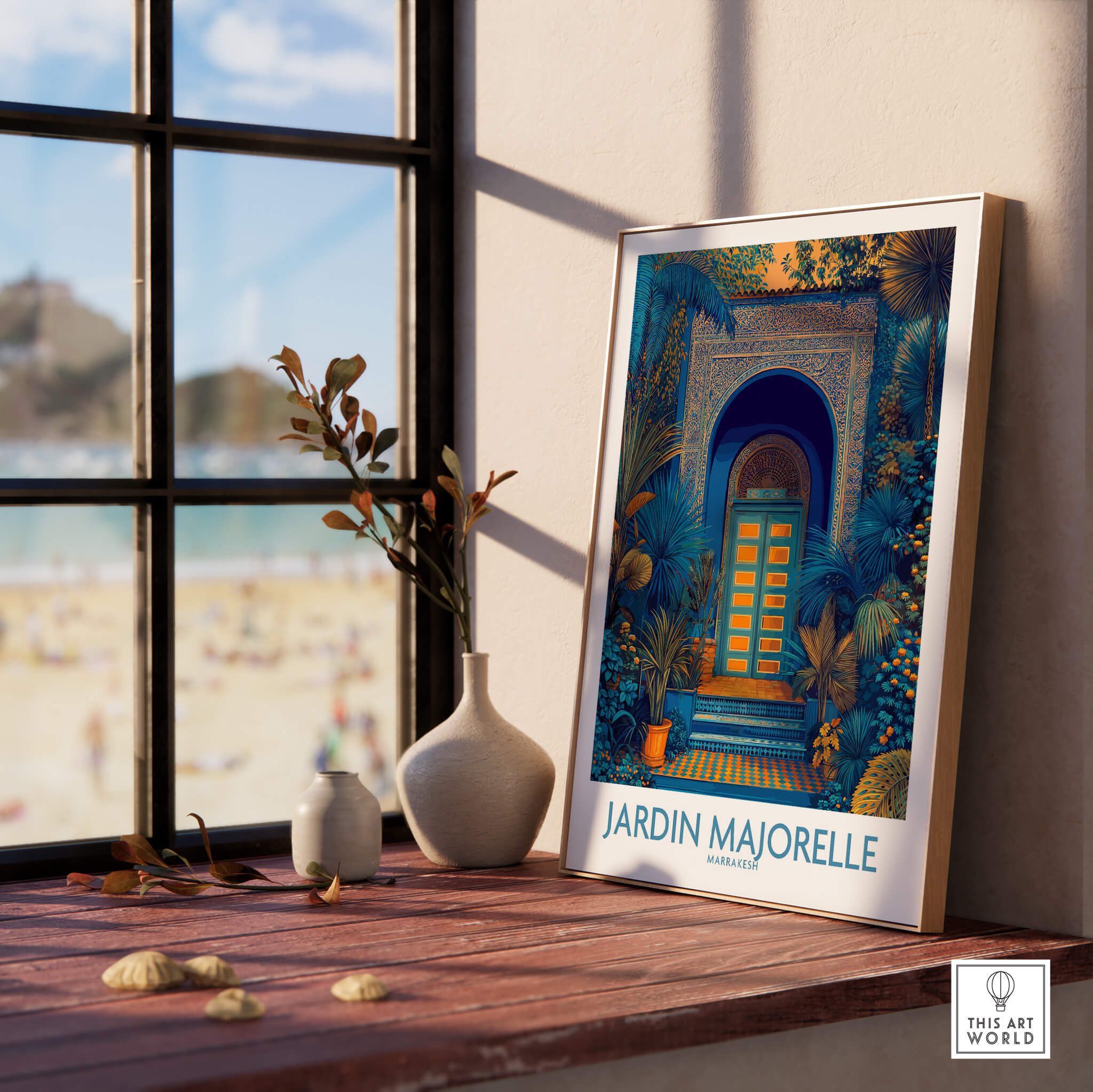 Jardim Majorelle Marrakesh Posters | Detailed Blue Architecture Canvas Print displayed near a window overlooking a beach.