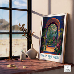 Jardim Majorelle Marrakesh Canvas Print | Colorful Moroccan Landscape Poster displayed on a windowsill with beach view.