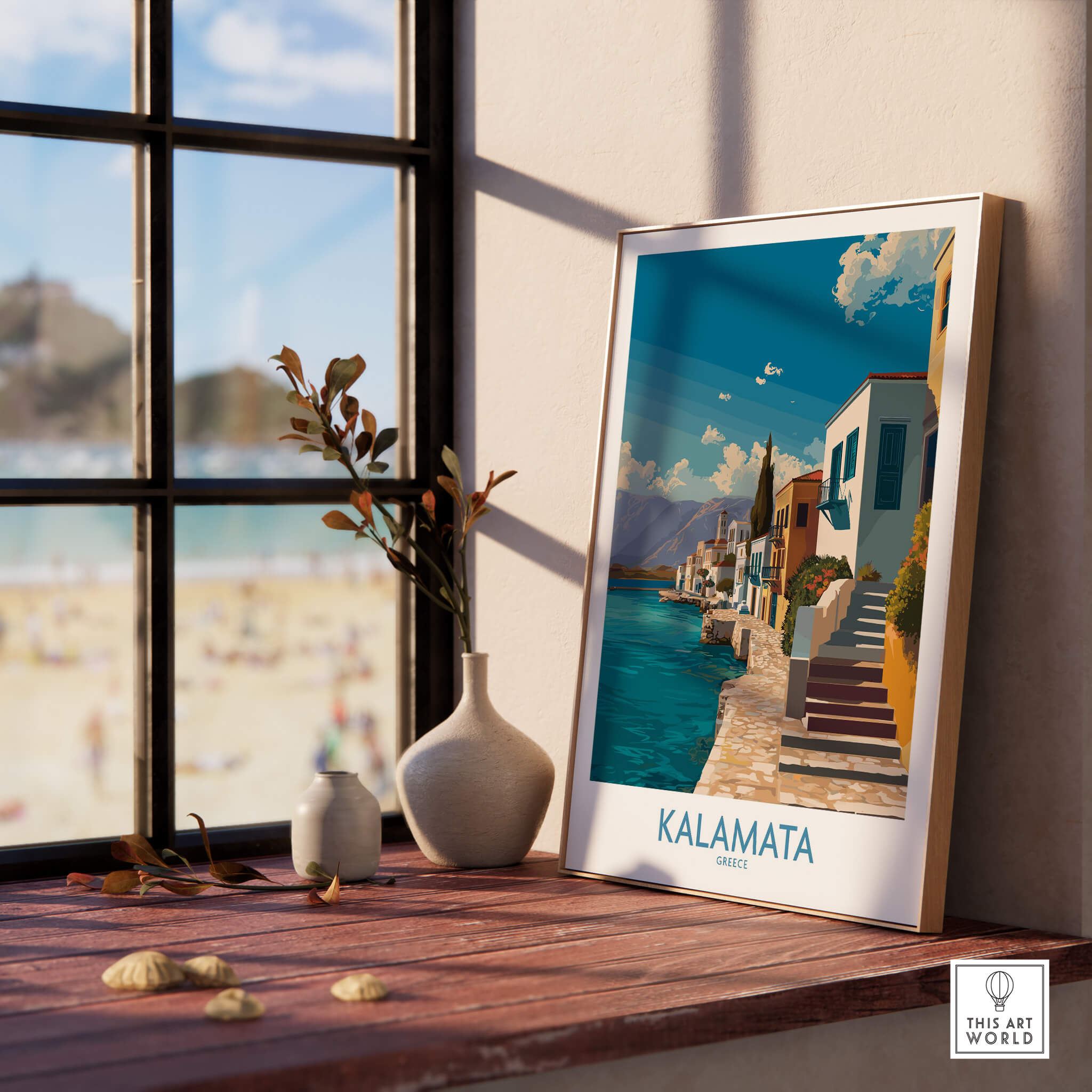 Kalamata Greece Poster | Greek Coastal Canvas Print displayed in a bright room with a beach view.