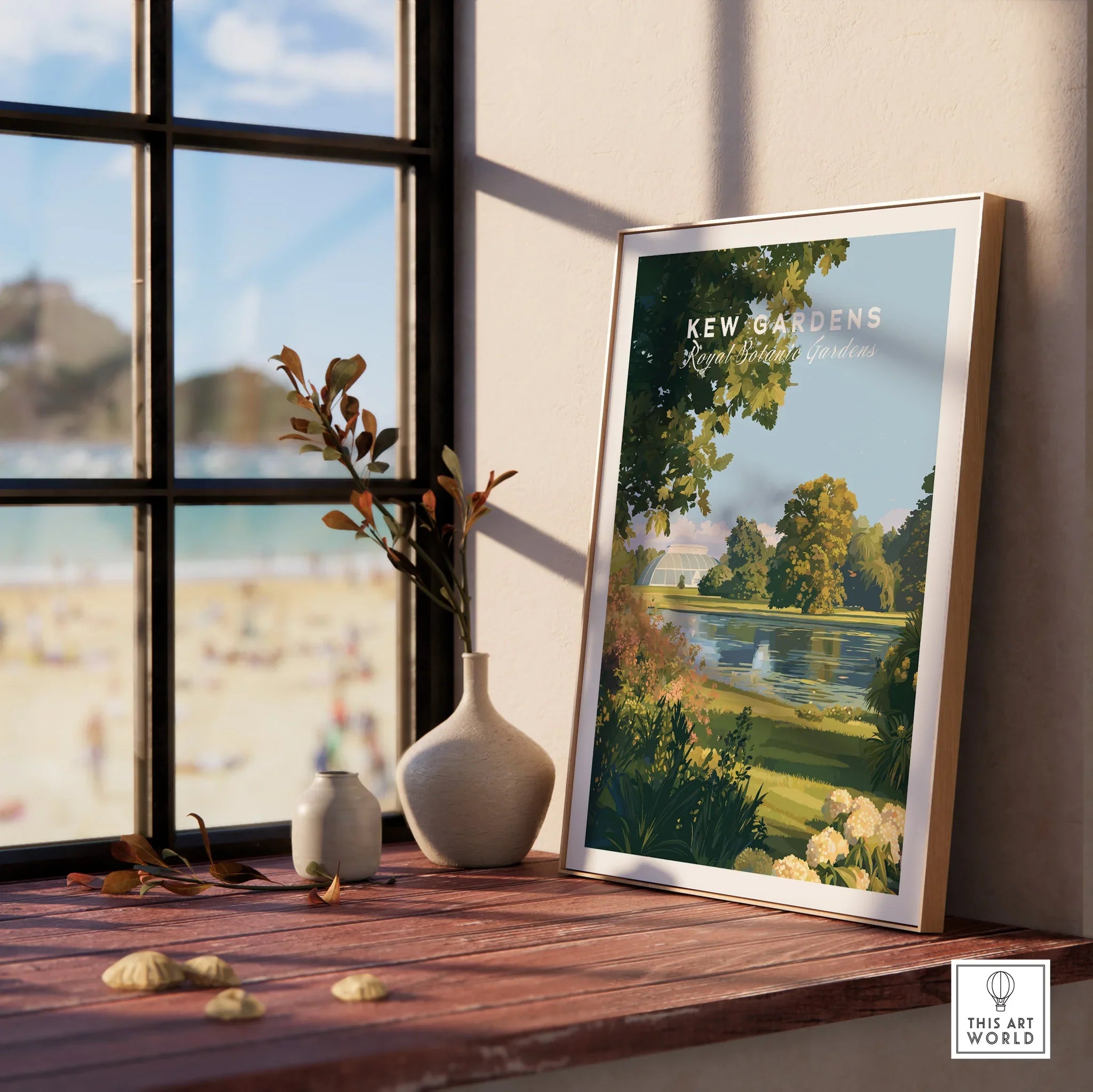 Framed Kew Gardens travel poster in natural wood frame on windowsill with vases and plants