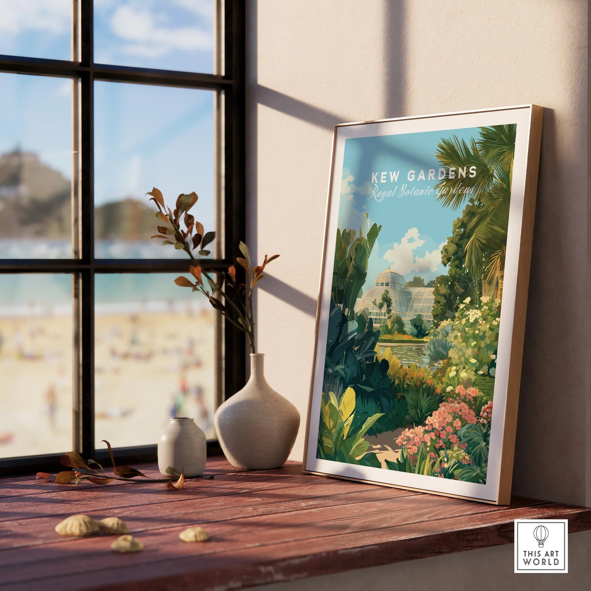 Framed Kew Gardens travel poster with lush botanical illustration on a windowsill, natural light