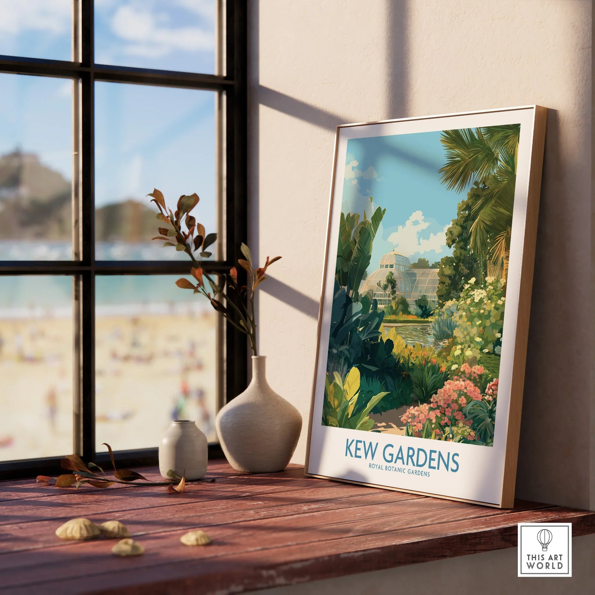 Framed Kew Gardens travel poster on windowsill with vases and botanical artwork.