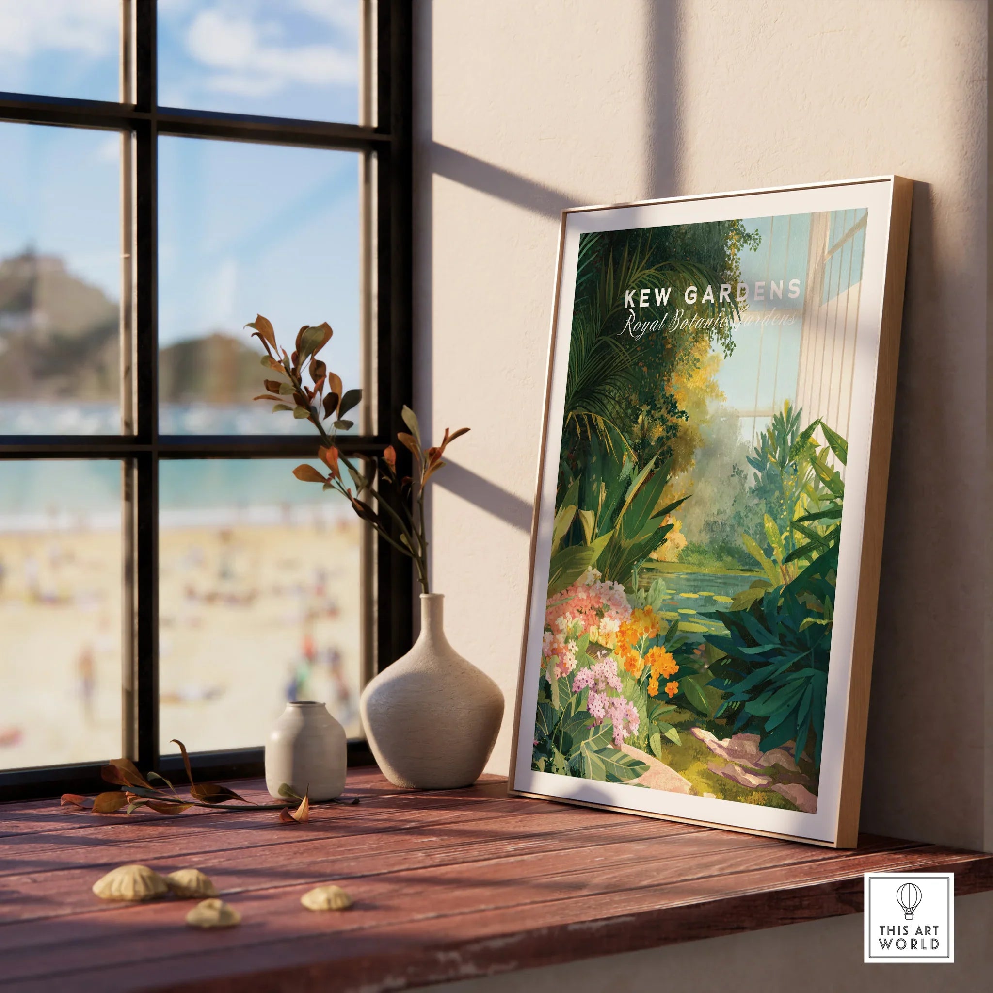Framed Kew Gardens botanical print on windowsill with vases, beach view in background