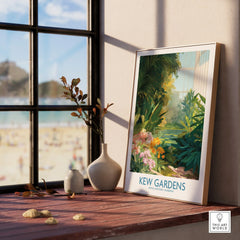 Kew Gardens framed travel poster on wooden windowsill with vases and beach view