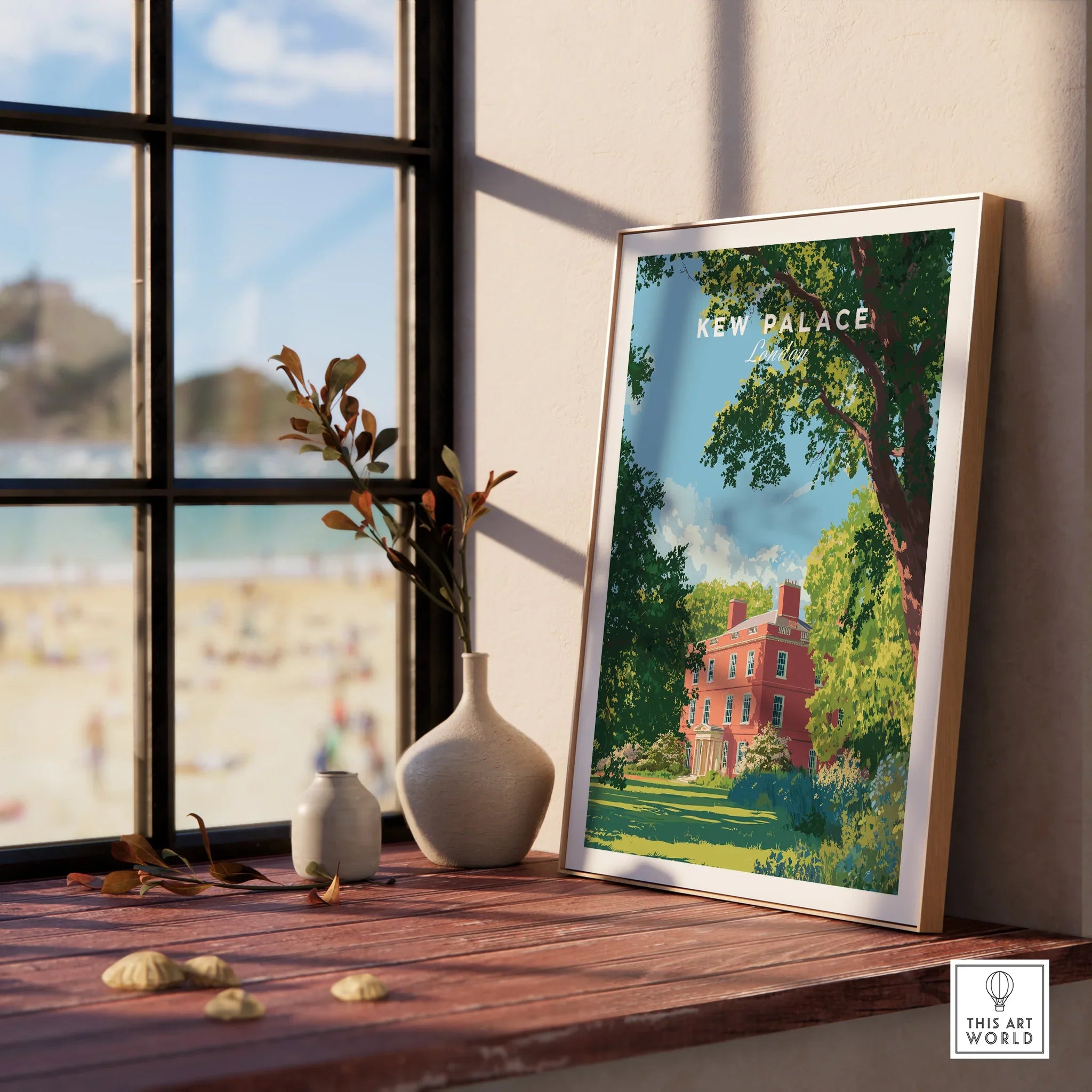 Framed Kew Palace art print on windowsill with natural wood frame and vases, home decor