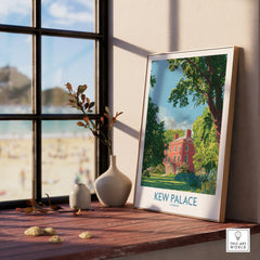 Framed Kew Palace London art print on wooden windowsill with light and vases, perfect home decor