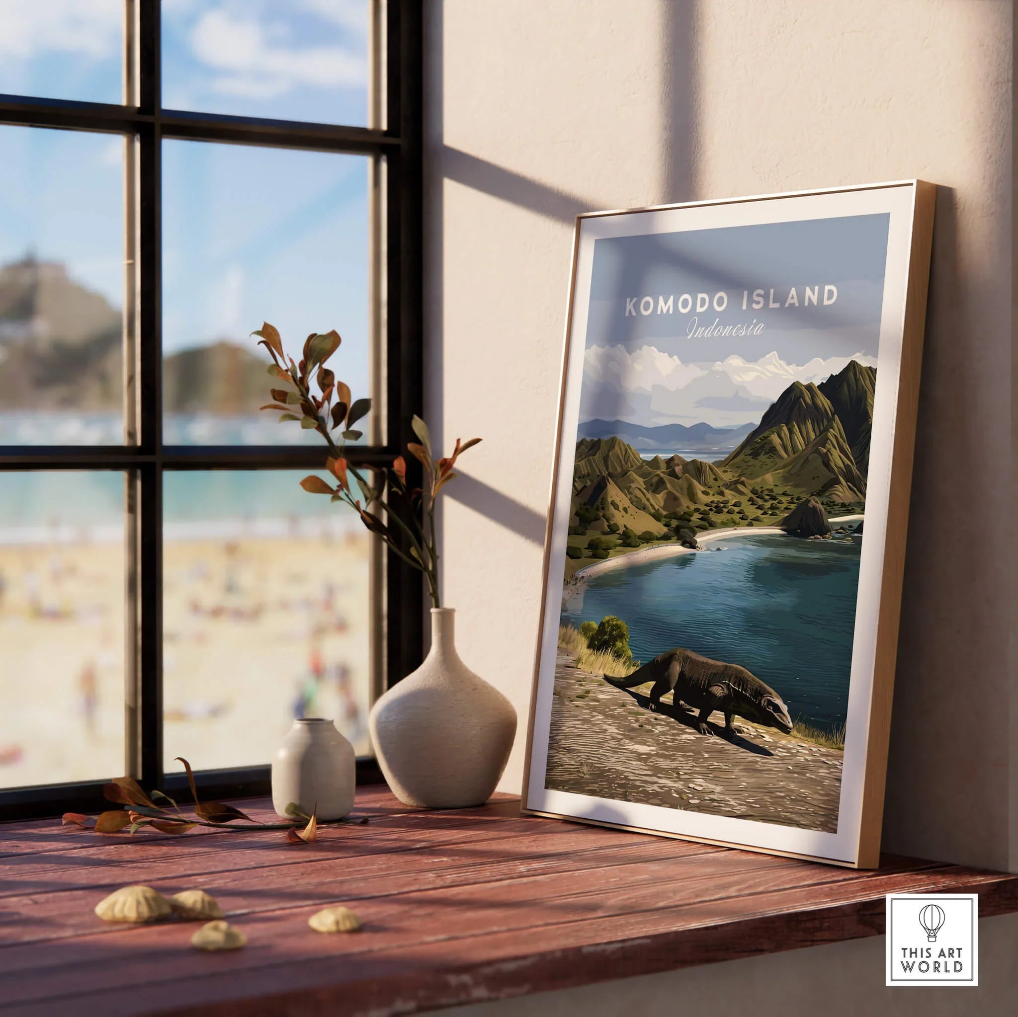 Framed Komodo Island travel poster with Komodo dragon on windowsill, modern home decor