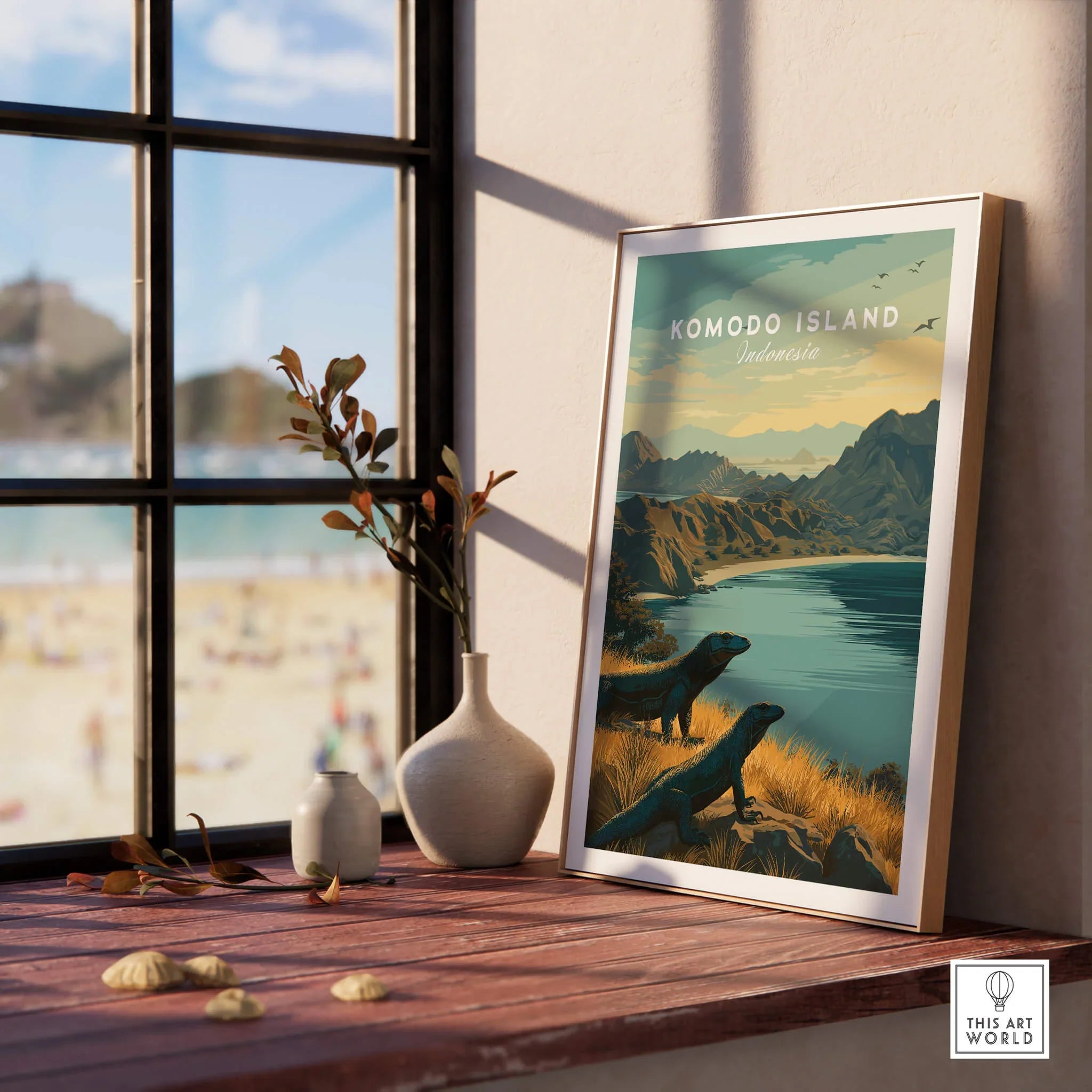 Framed Komodo Island travel poster with Komodo dragons and mountains on windowsill