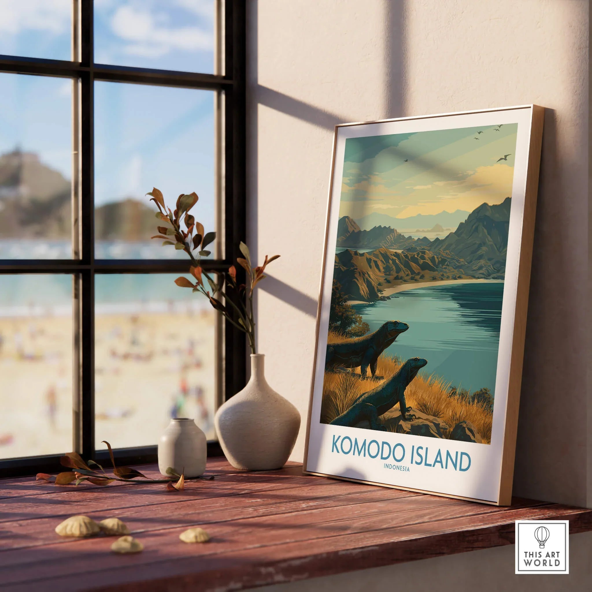 Framed Komodo Island travel poster with Komodo dragons by a window, natural wood frame.