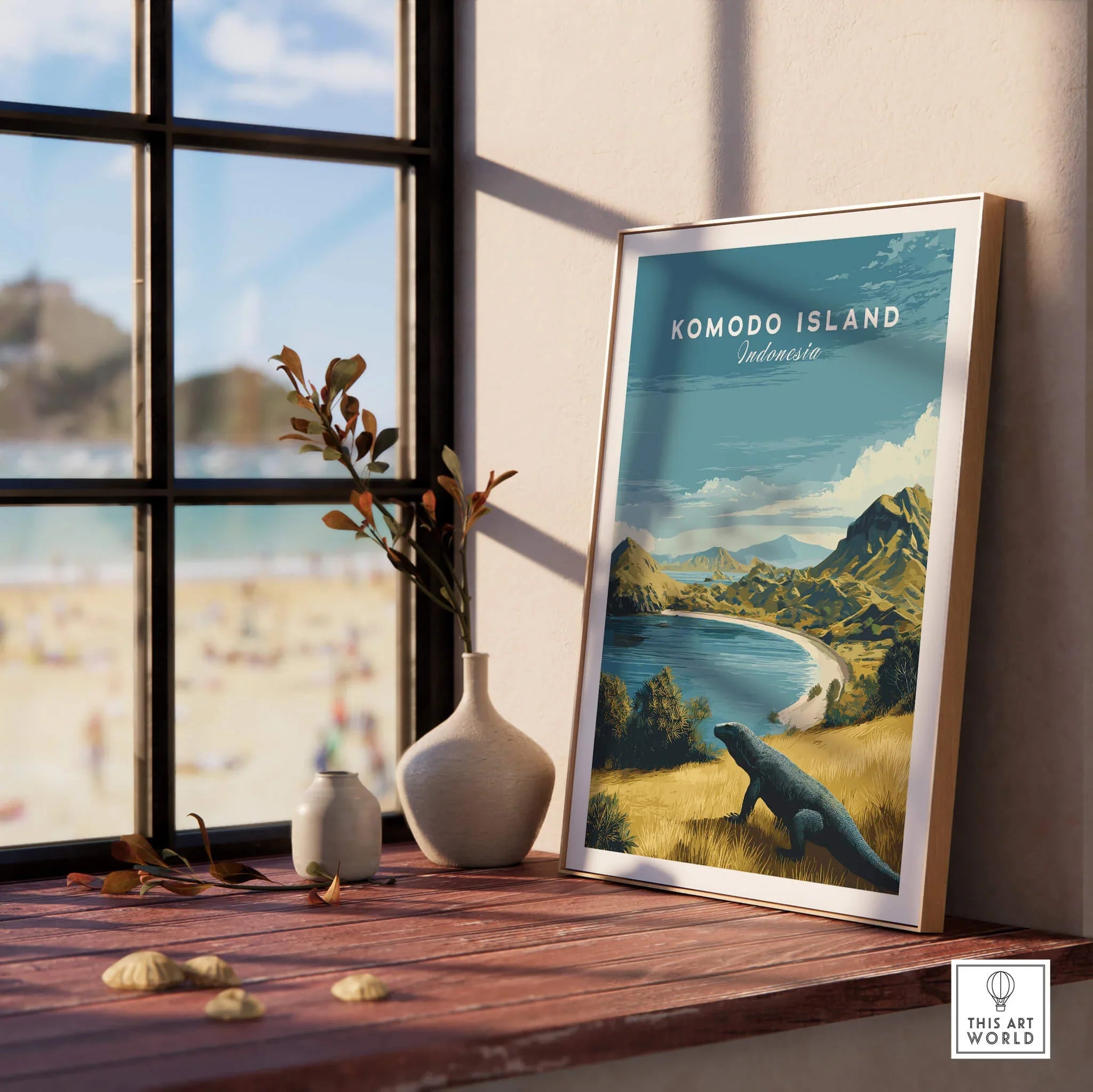 Komodo Island travel poster in natural wood frame on windowsill, modern home decor