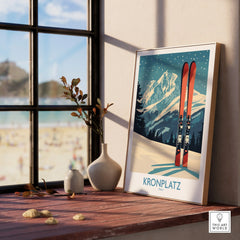 Framed Kronplatz Italy ski art print on windowsill with mountain poster and modern decor.