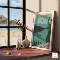 Lake Tahoe travel poster in natural wood frame on windowsill, modern home decor
