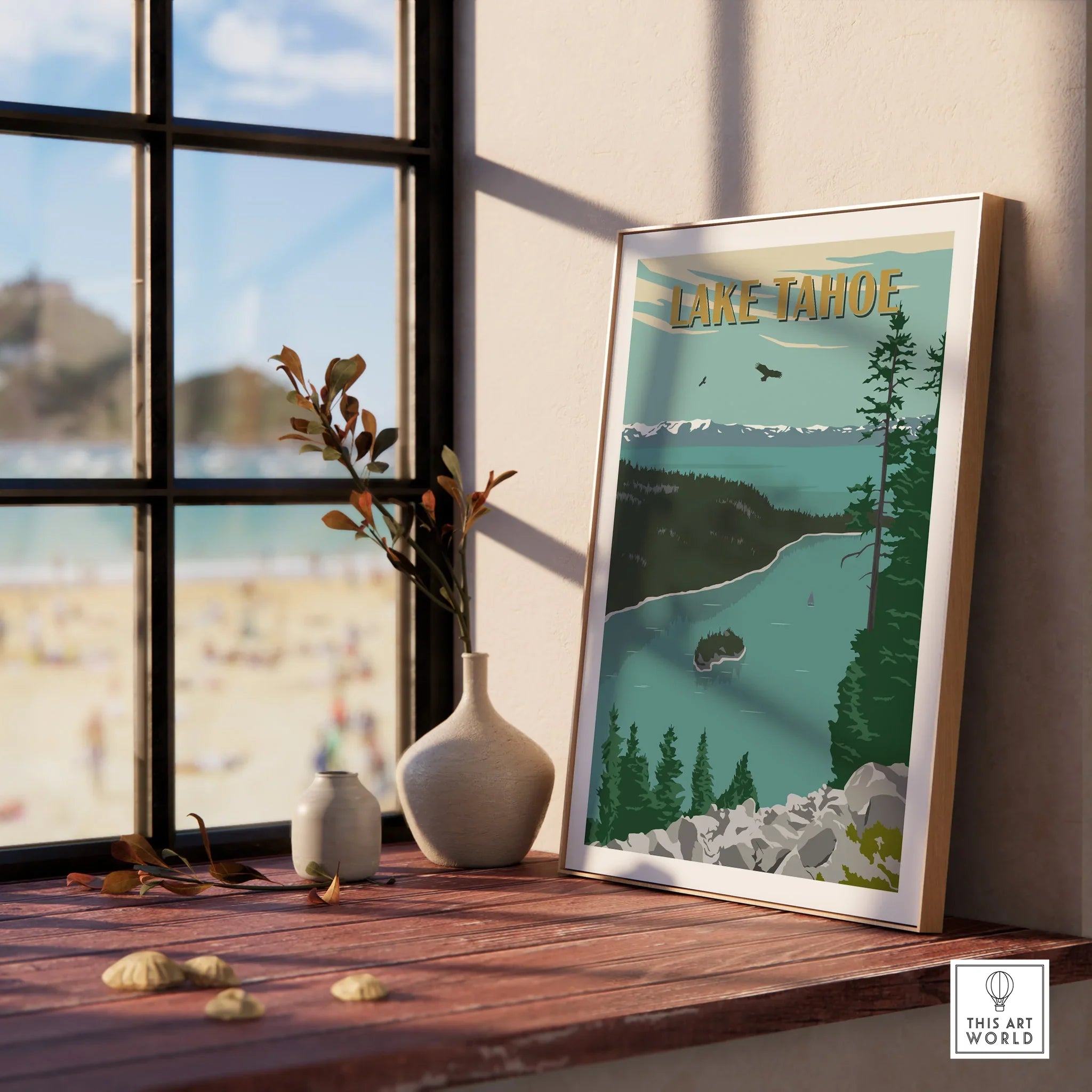 Lake Tahoe travel poster in natural wood frame on windowsill, modern home decor