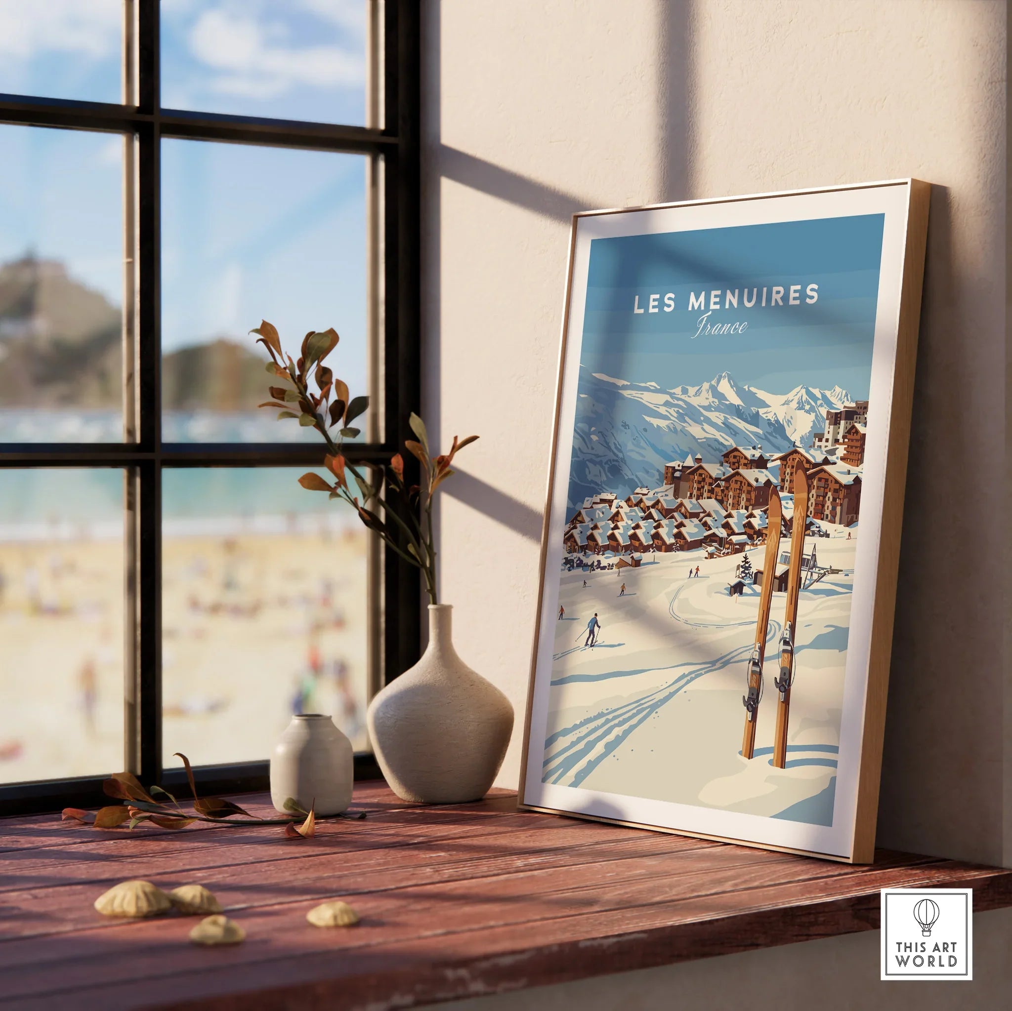 Framed Les Menuires France ski resort art print on windowsill with vases and mountain view.