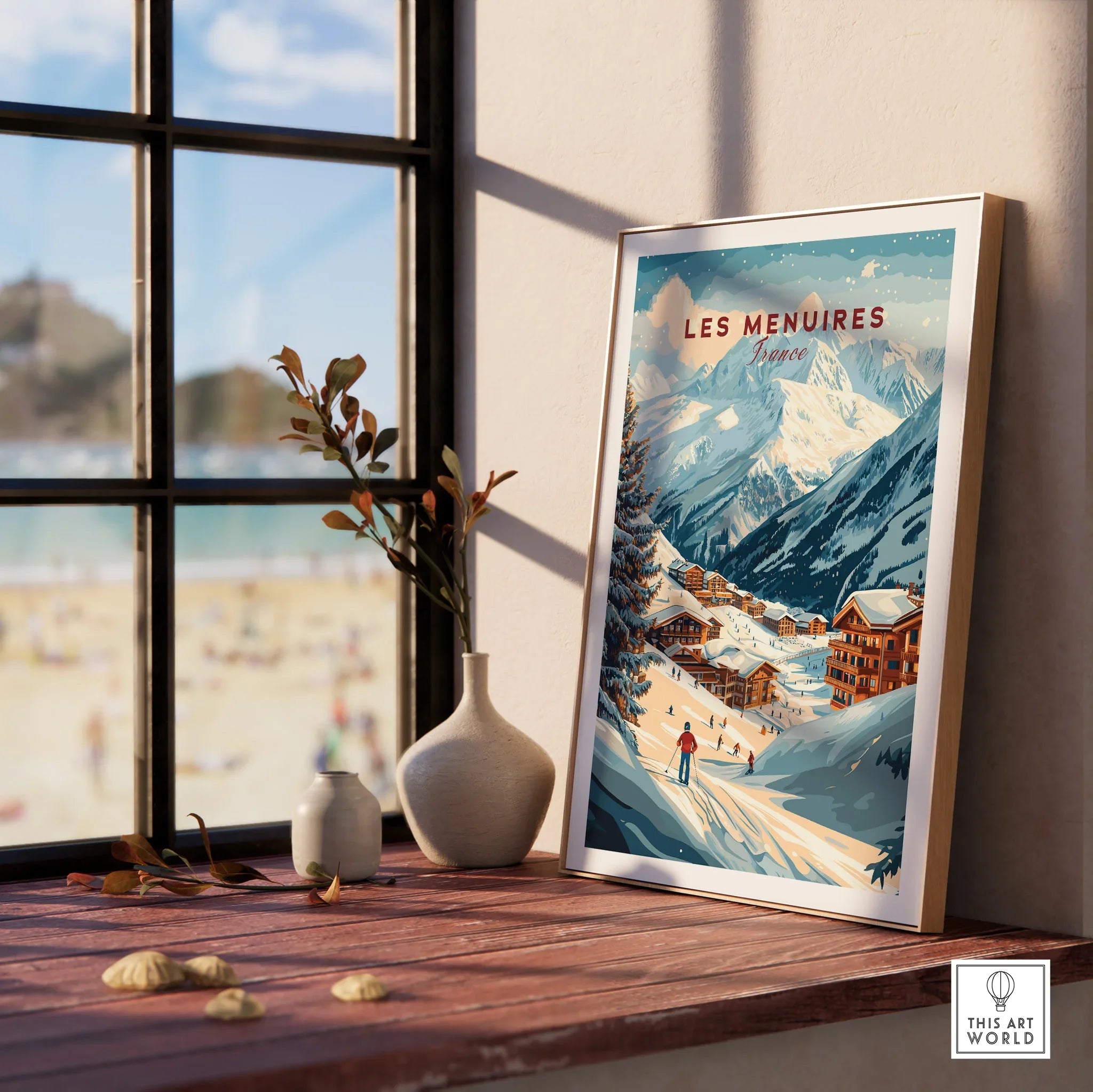 Framed Les Menuires France travel print on windowsill with vases and mountain artwork