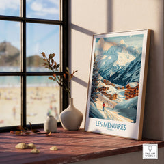 Les Menuires travel poster print in natural wood frame on sunny window sill, mountain wall art