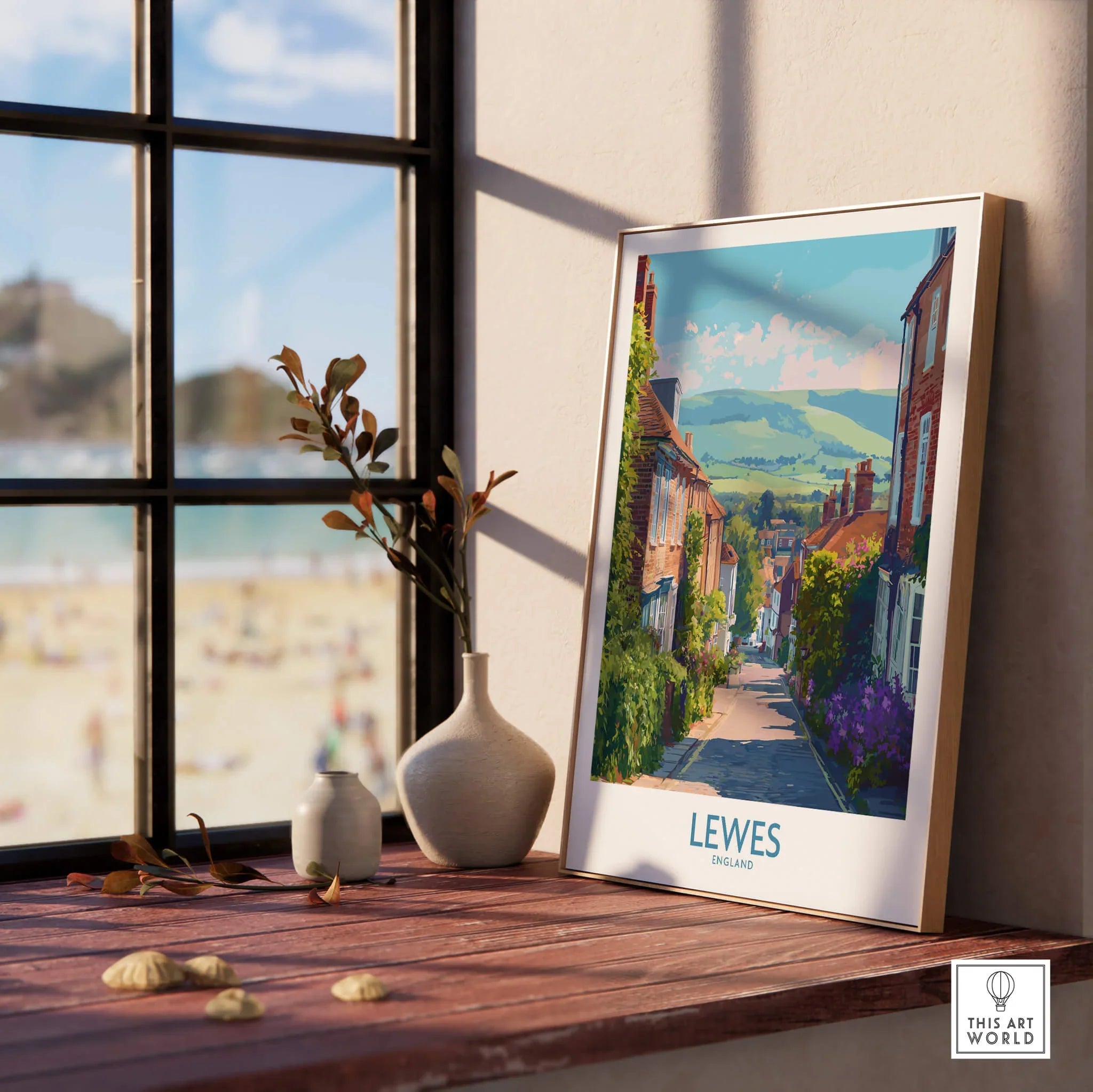 Lewes England travel poster in natural wood frame on windowsill with ceramic vases