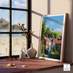 Framed Lewes England travel poster with colorful houses on a windowsill, home decor art