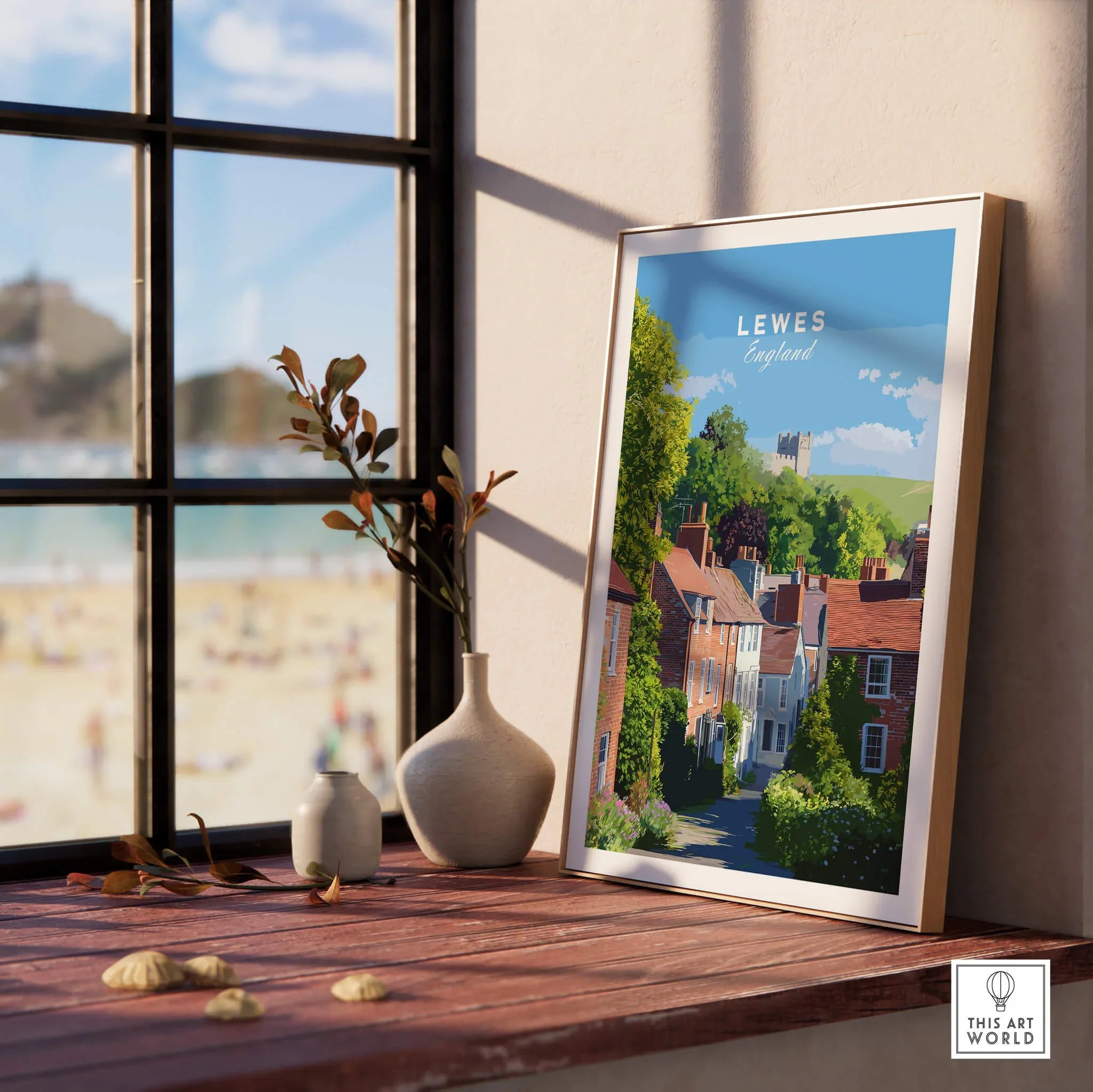 Framed Lewes England travel poster with colorful houses on a windowsill, home decor art