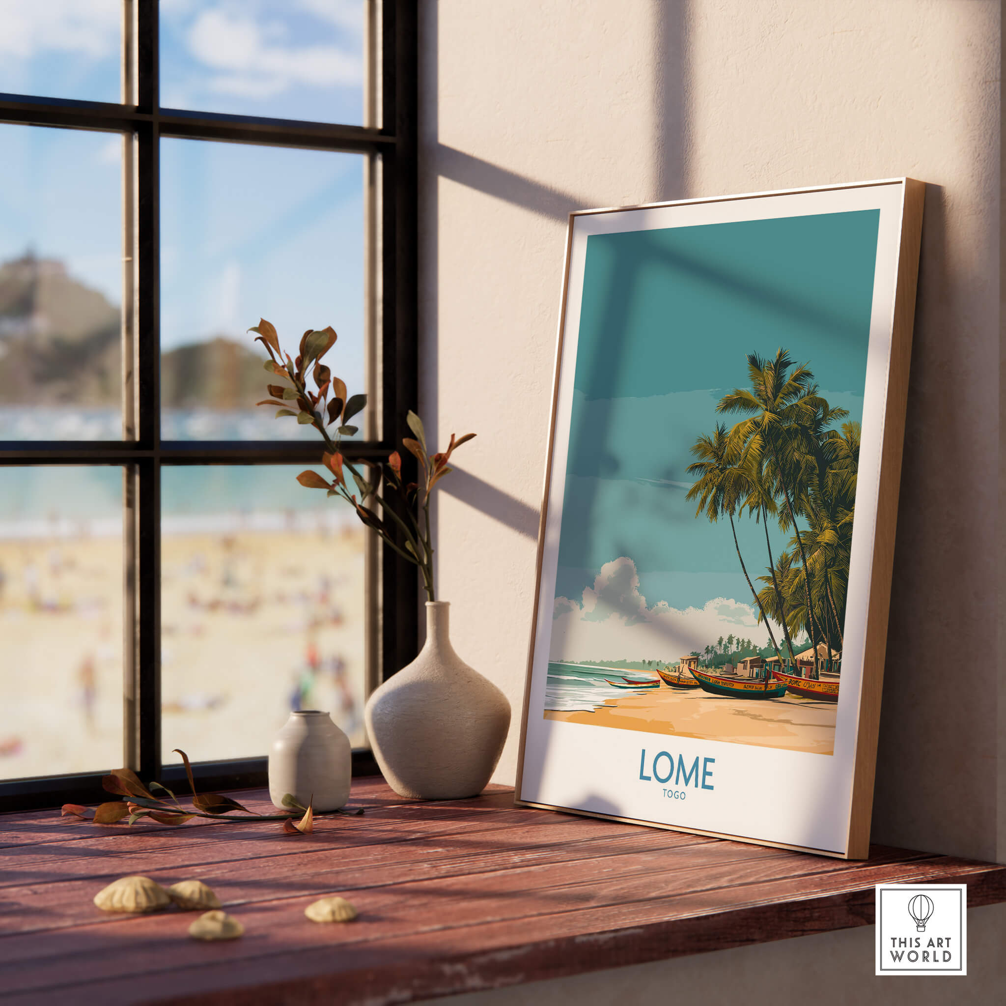 Lomé Togo Canvas Print | Tropical Coastal Village Scene Posters displayed in a bright interior with palm trees and beach view.